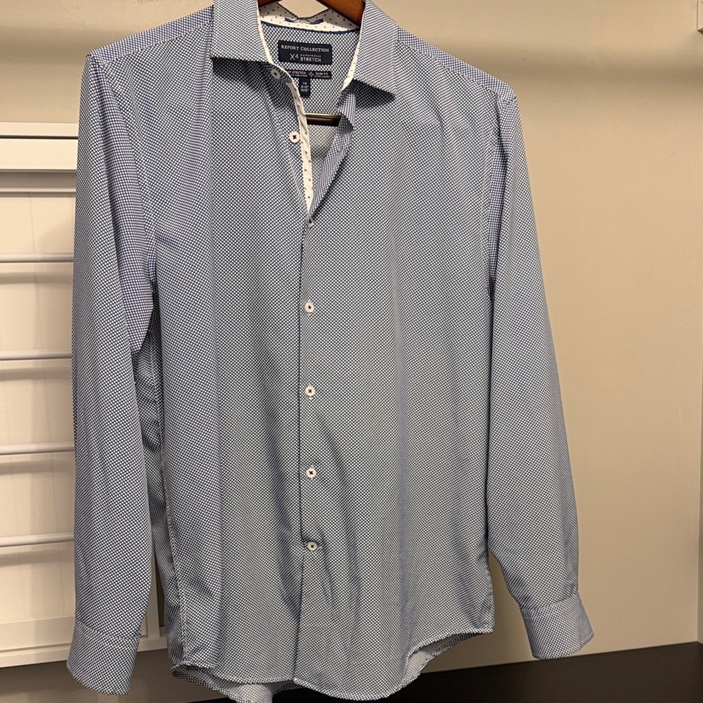 Report Collection Men's Navy and White Button Down Shirt